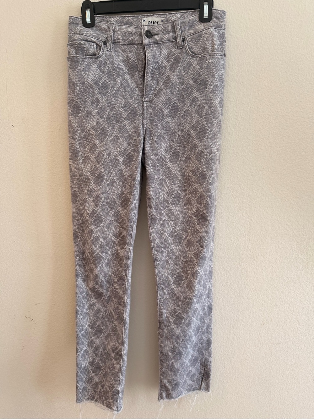 PAIGE Hoxton Slim Gray Snake-Print Straight Ankle Jeans, Size 28